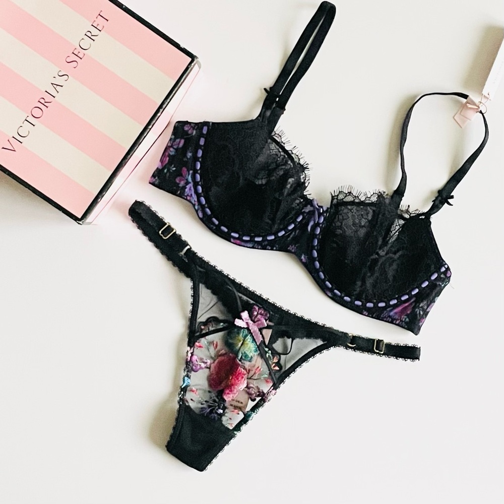 34B SMALL Victoria’s Secret floral embroidered black bra set